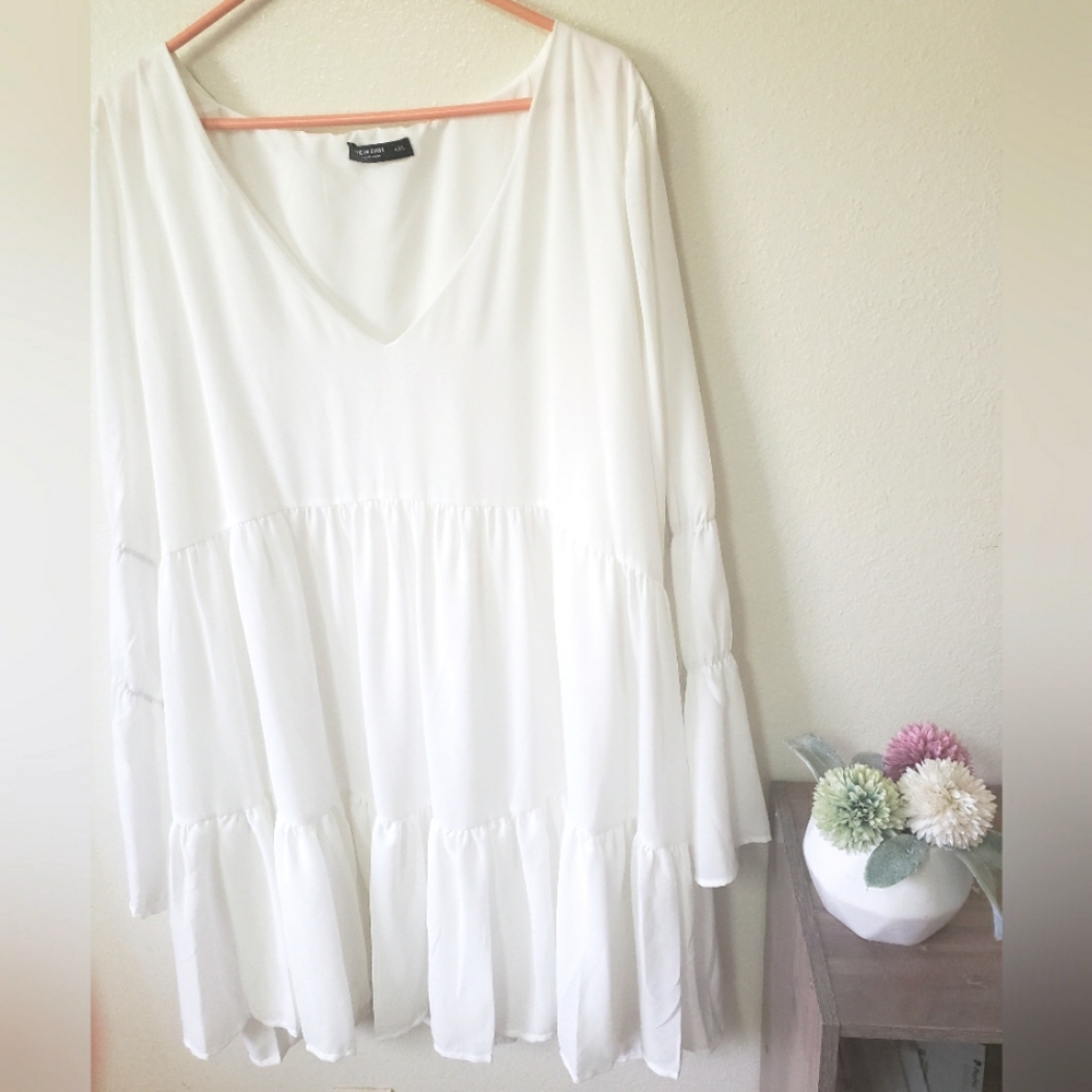 Plus Trumpet Sleeve Tiered Smock Dress
